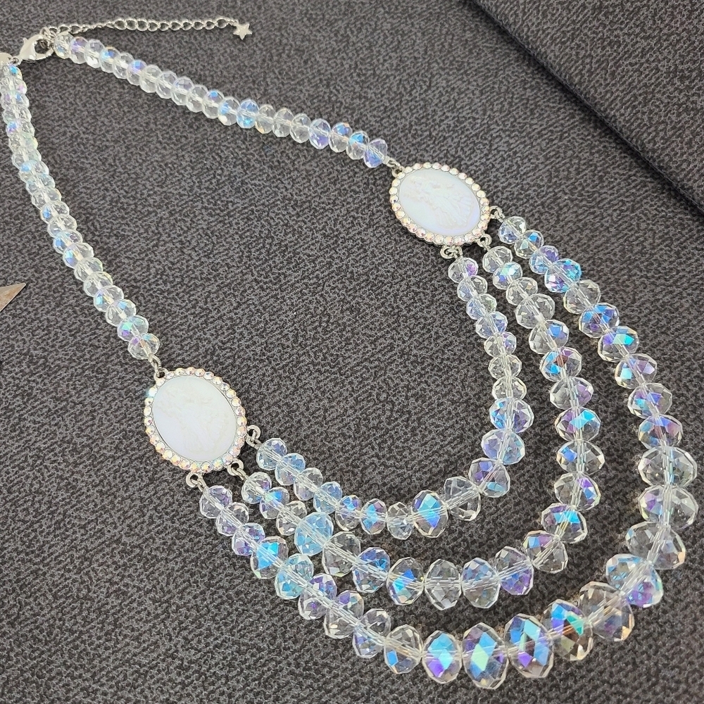 Kirks Folly Fairy Godmother Dream Necklace Iridescent 3 Strand Crystal cameo